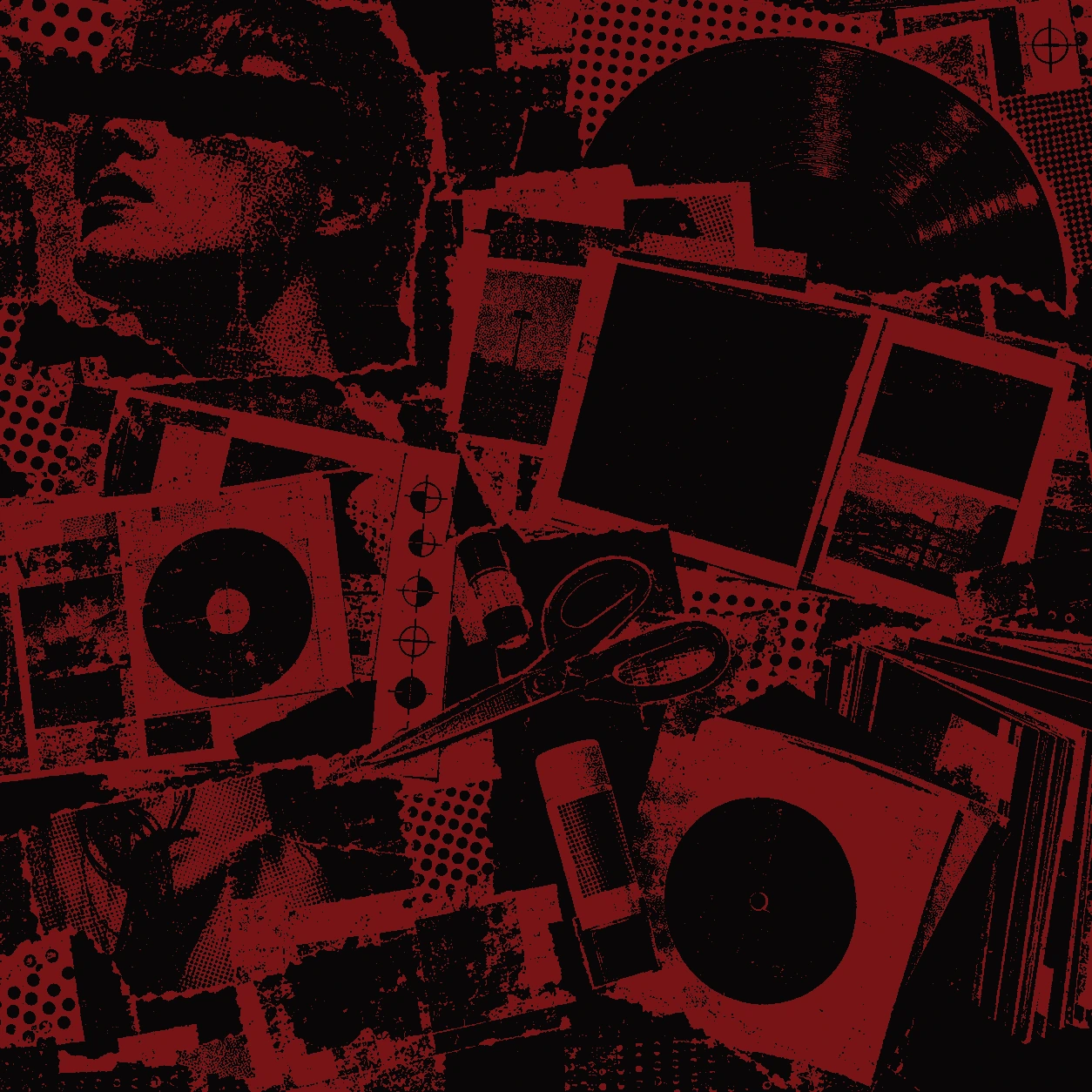 Red and black punk zine collage about record artwork, with visible print dots and torn paper textures