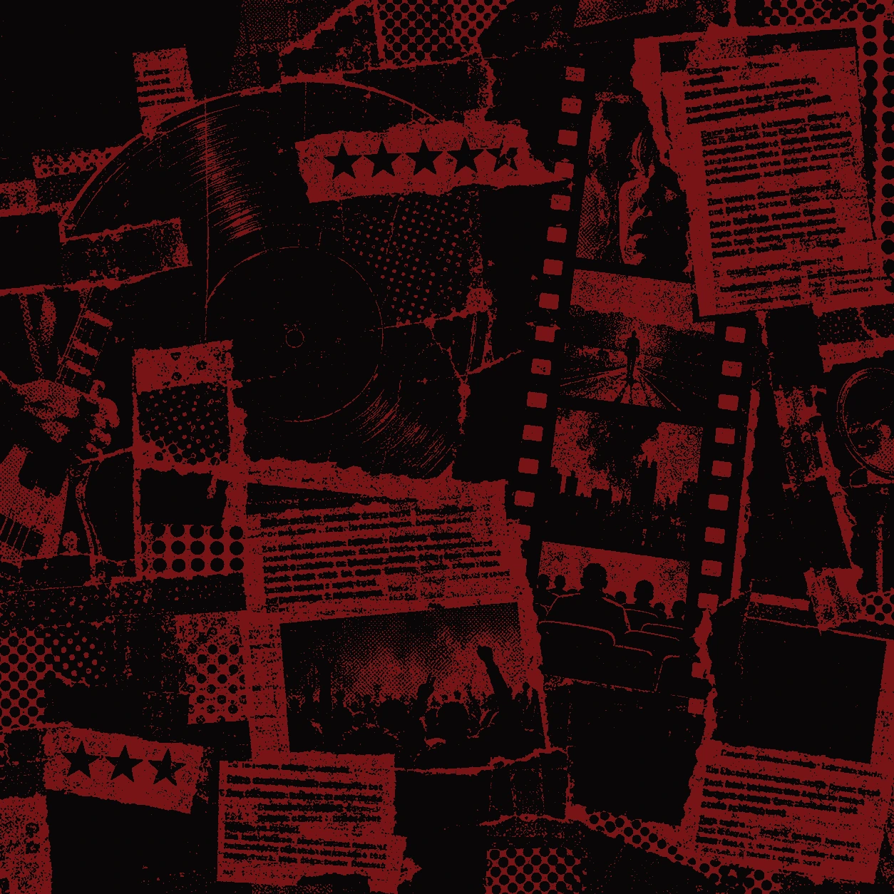 Red and black punk zine collage suggesting music and movie reviews, with visible print dots and torn paper textures