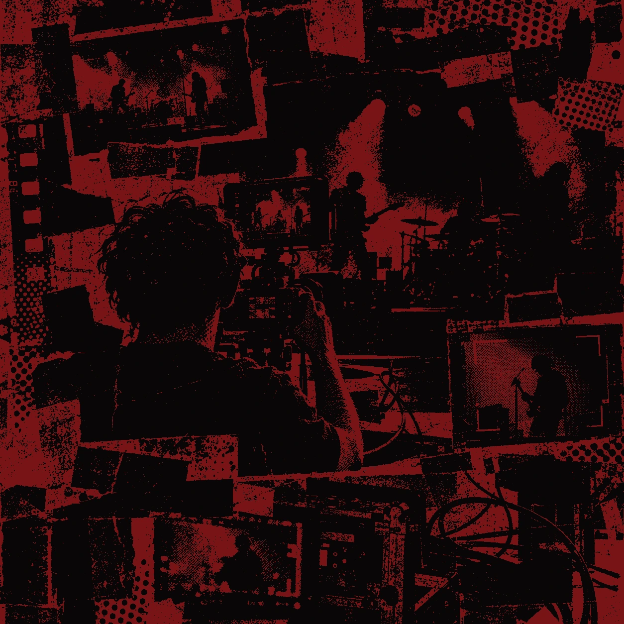 Red and black punk zine collage showing concert videography, with visible print dots and torn paper textures